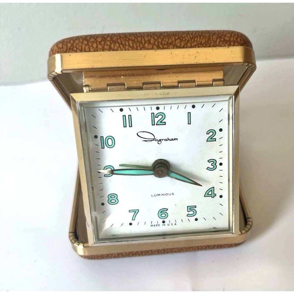 Vintage Ingraham Luminous Wind Up Travel Alarm Clock 1950s Glowing Hands TESTED